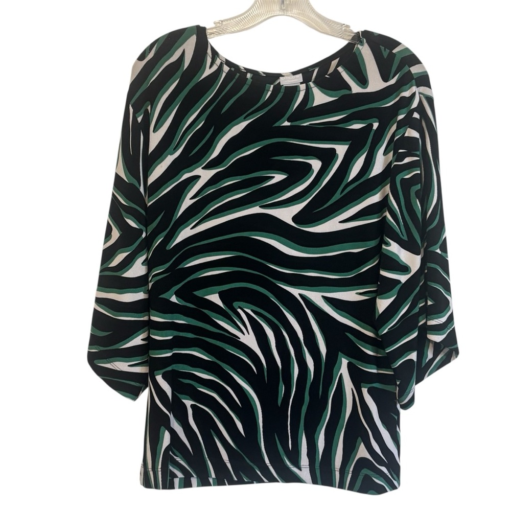 Chico's Travelers Abstract Swirl Print Top Green Black White